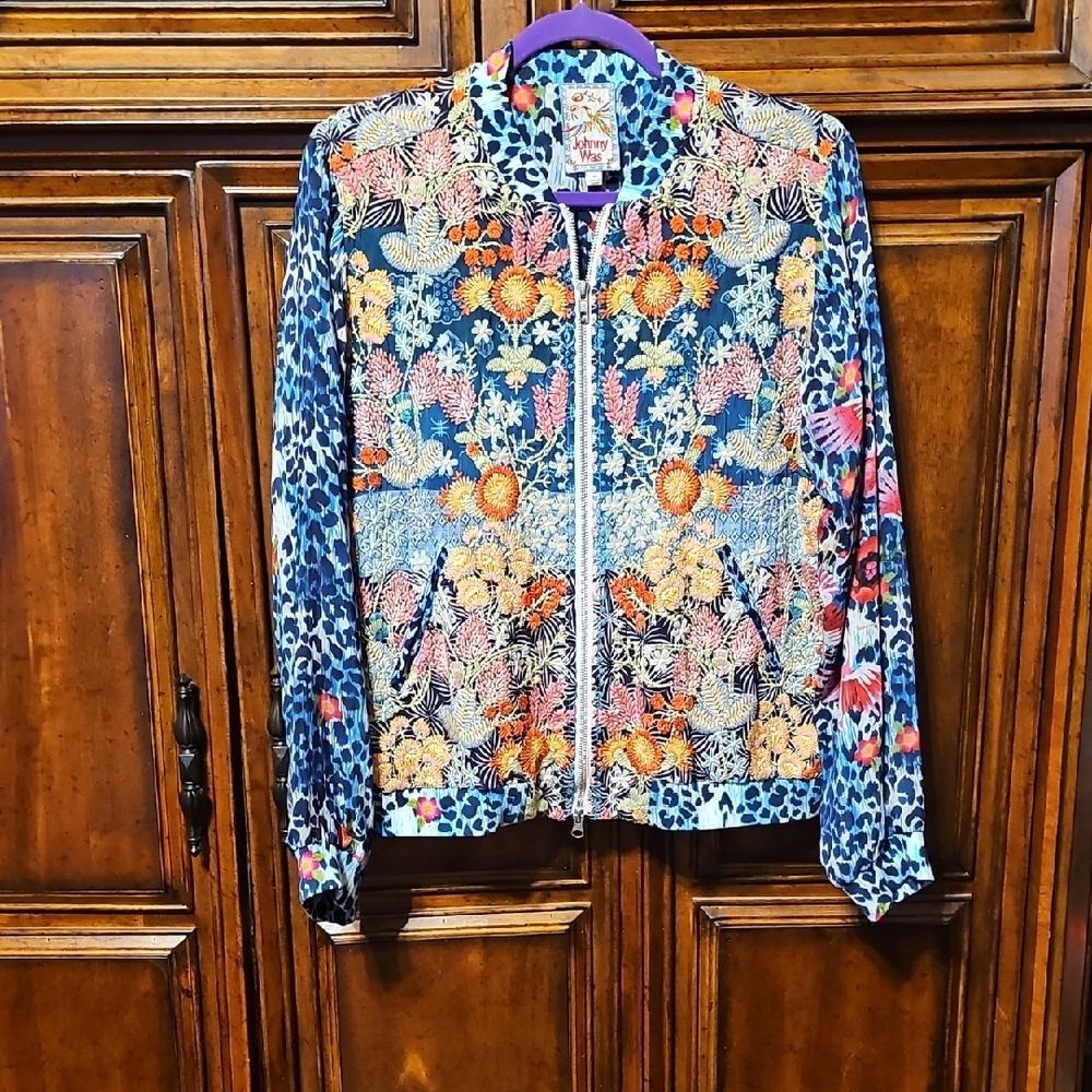 Johnny Was Embroidered  Floral & Leopard Animal Print Zip Bomber Jacket